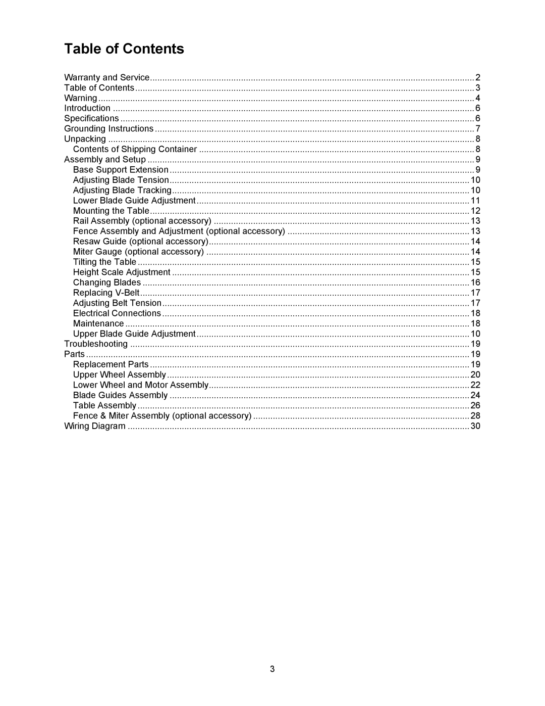 Wilton JWBS-16B manual Table of Contents 