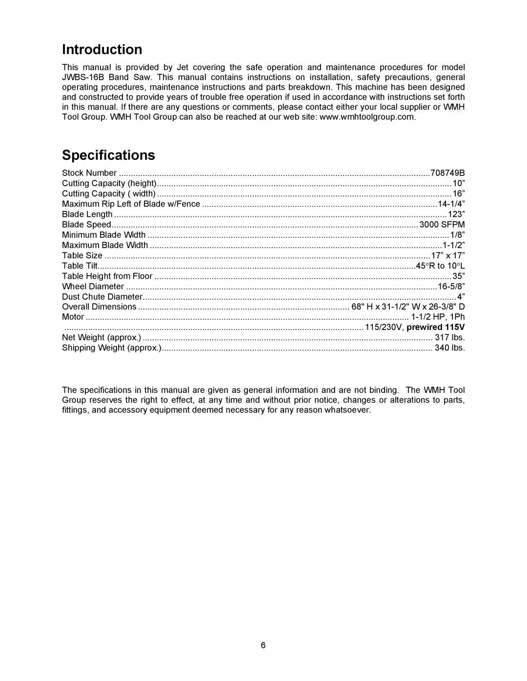 Wilton JWBS-16B manual Introduction Specifications, 115/230V, prewired 