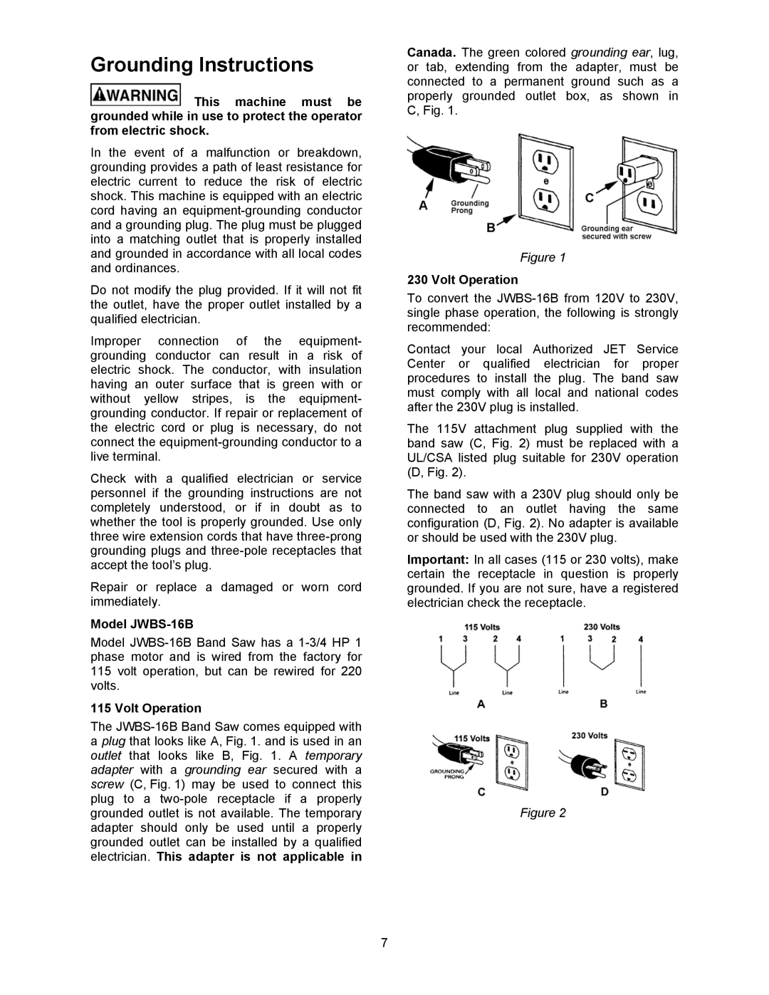 Wilton manual Grounding Instructions, Model JWBS-16B, Volt Operation 