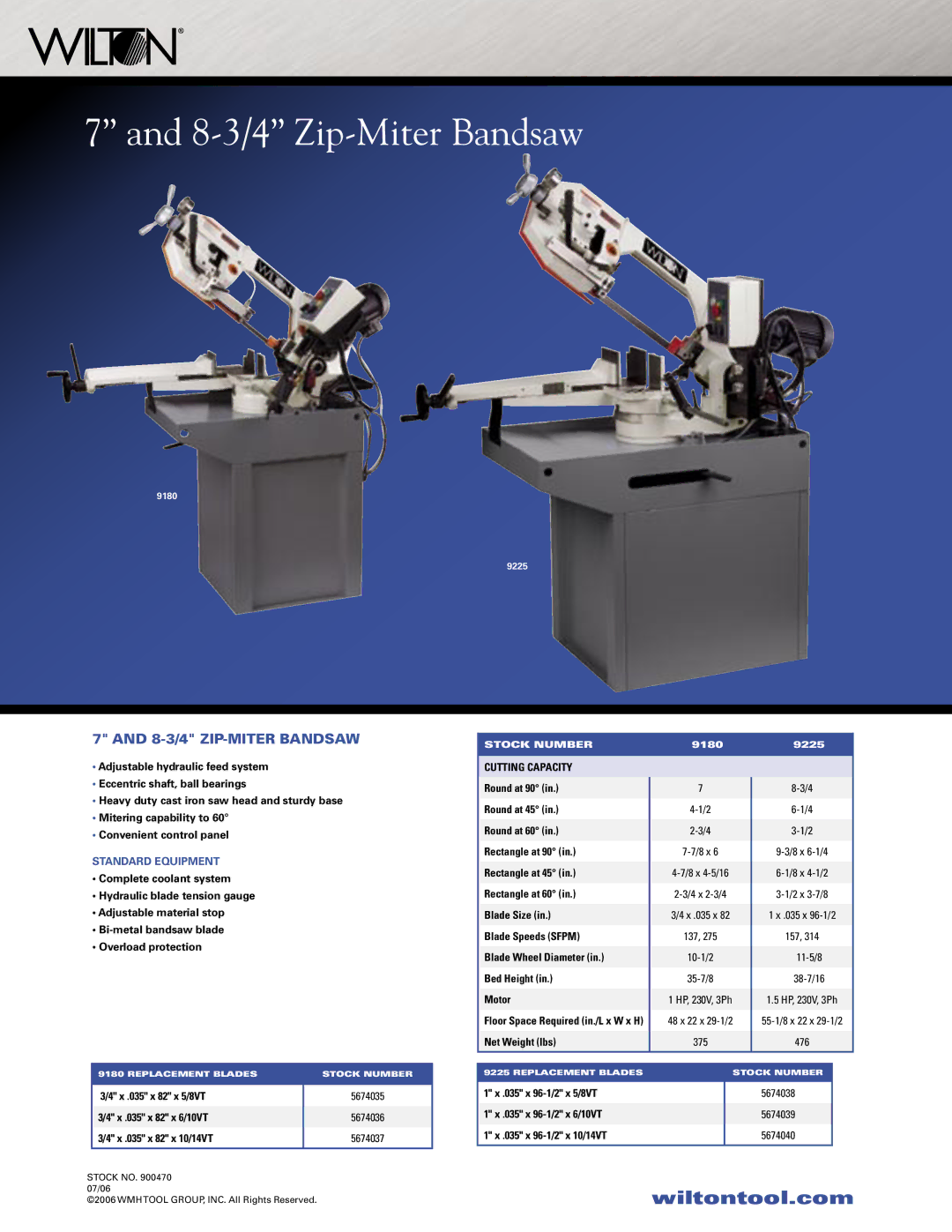 Wilton Miter Band Saw manual 8-3/4 Zip-Miter Bandsaw, 8-3/4 ZIP-MITER Bandsaw, Standard Equipment, Cutting Capacity 