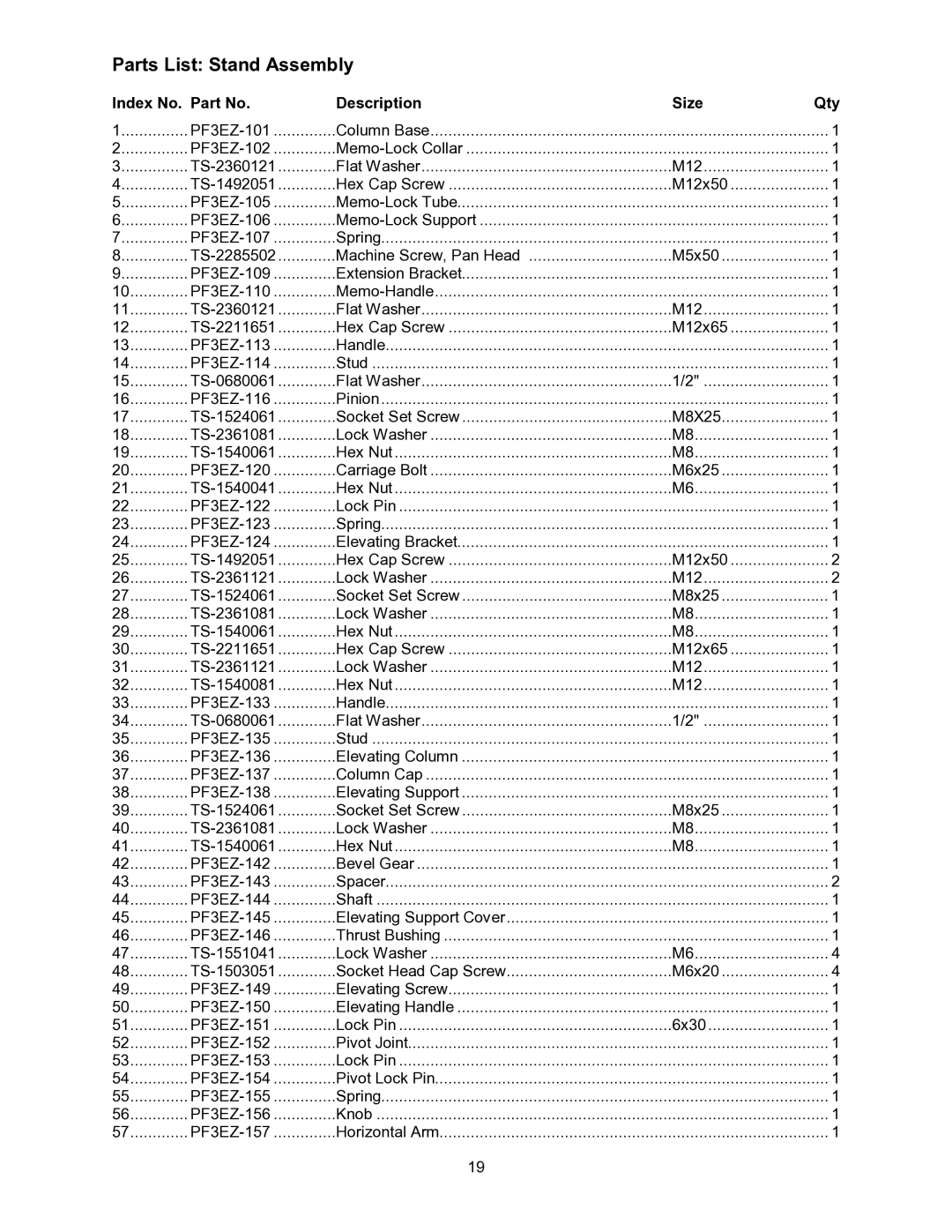 Wilton PF3-EZ manual Parts List Stand Assembly, Index No. Part No Description Size Qty 