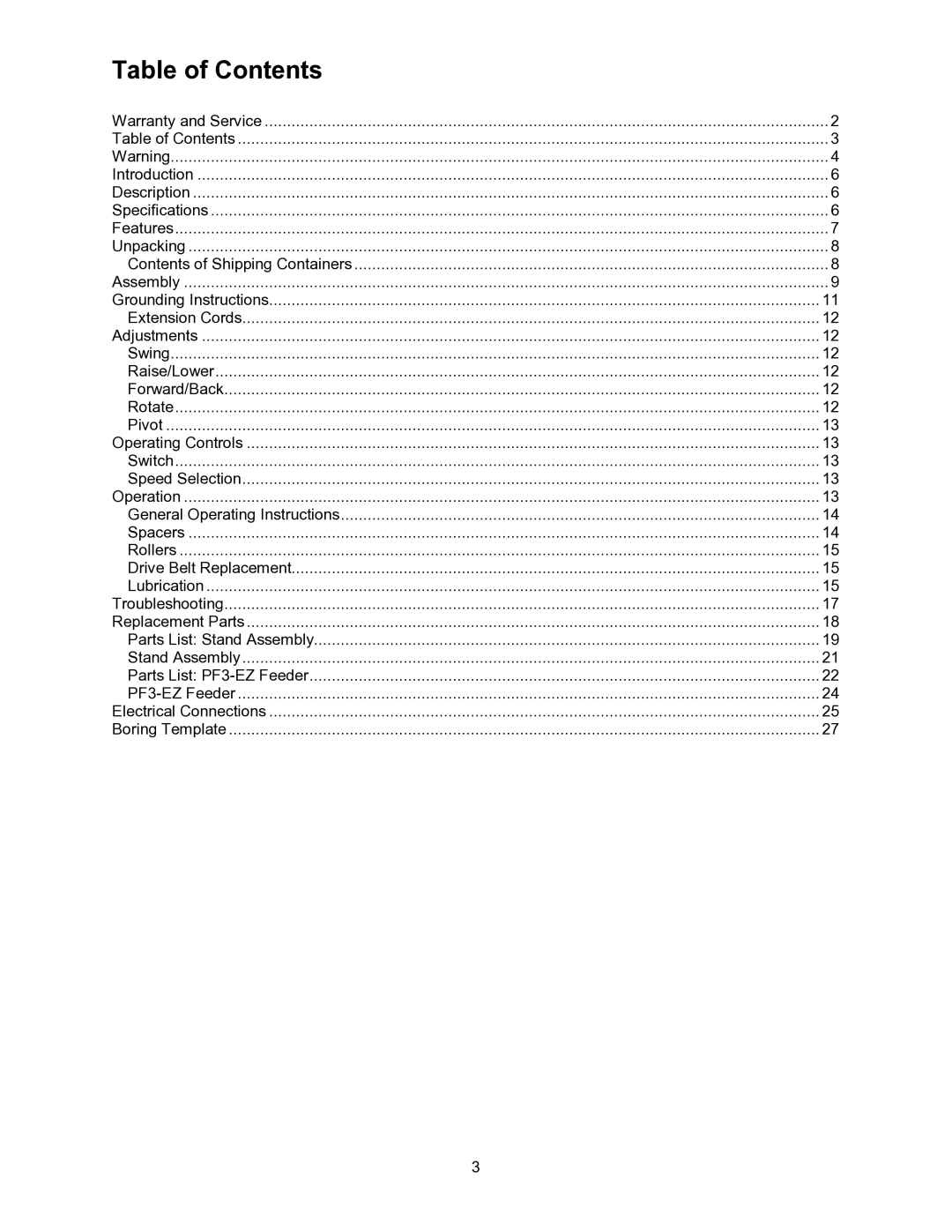 Wilton PF3-EZ manual Table of Contents 