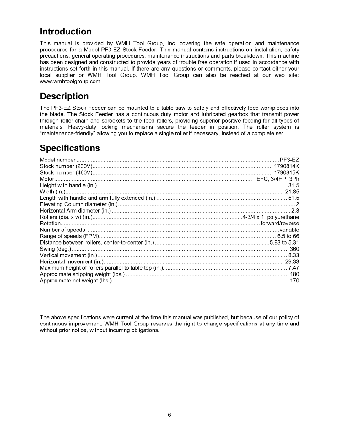 Wilton PF3-EZ manual Introduction Description, Specifications 