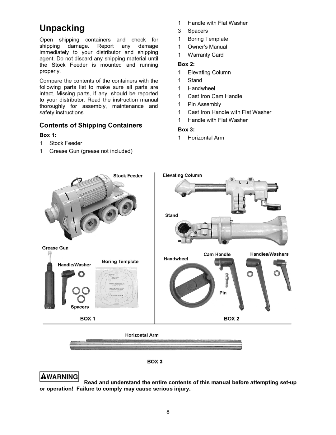 Wilton PF3-EZ manual Unpacking, Contents of Shipping Containers 