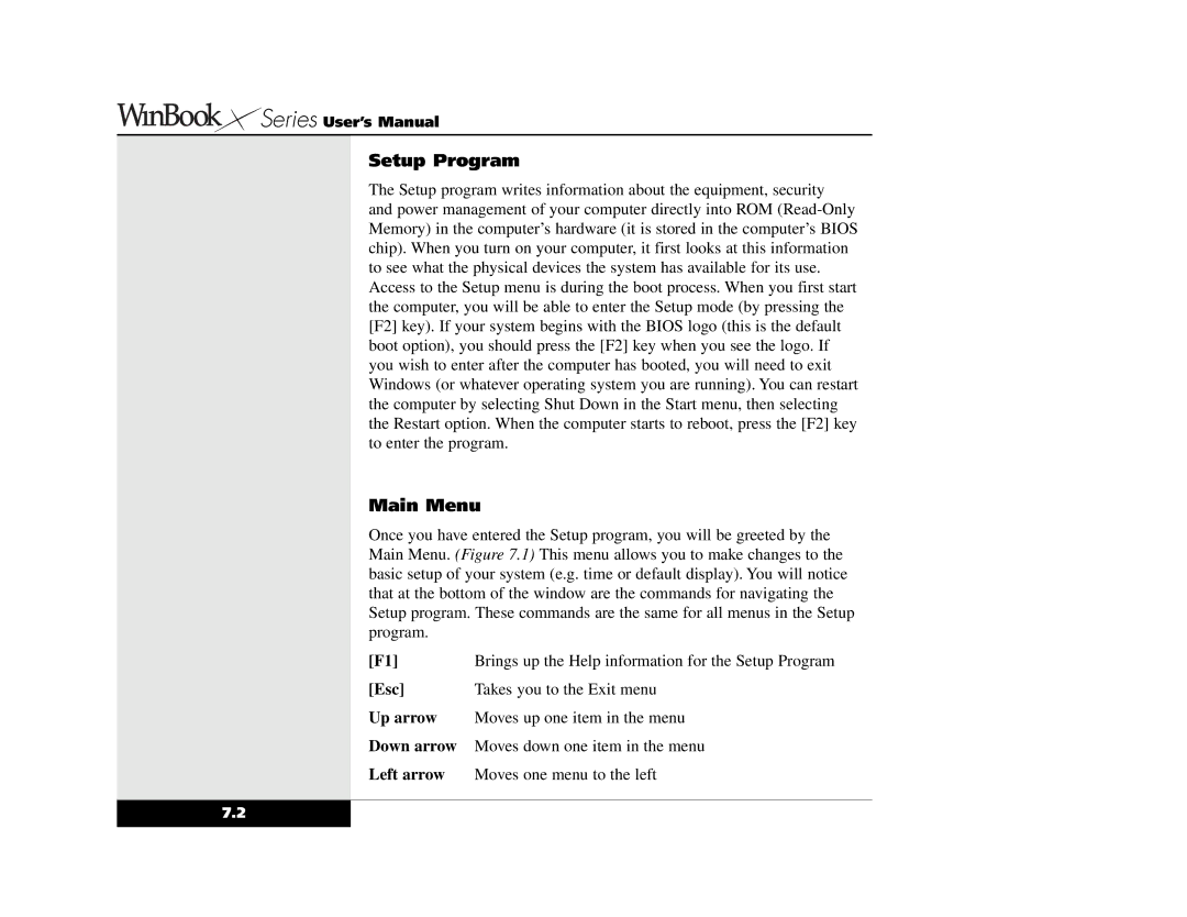 Winbook X2 manual Setup Program, Main Menu 