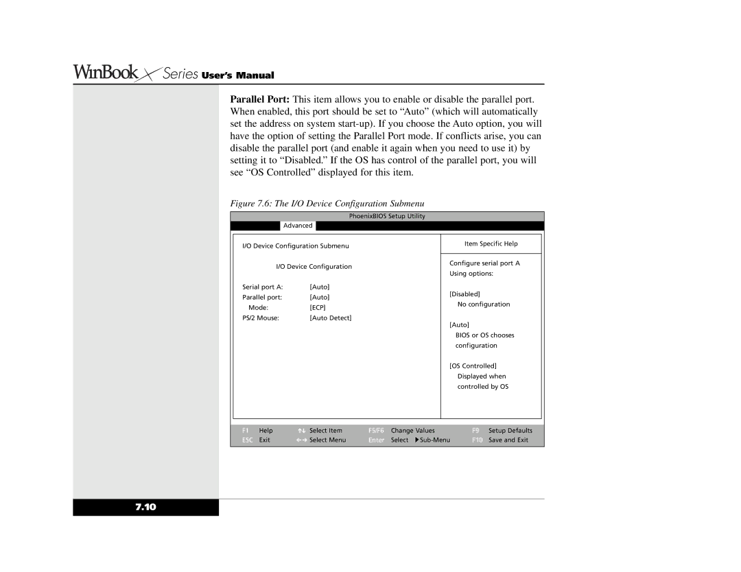 Winbook X2 manual I/O Device Configuration Submenu 