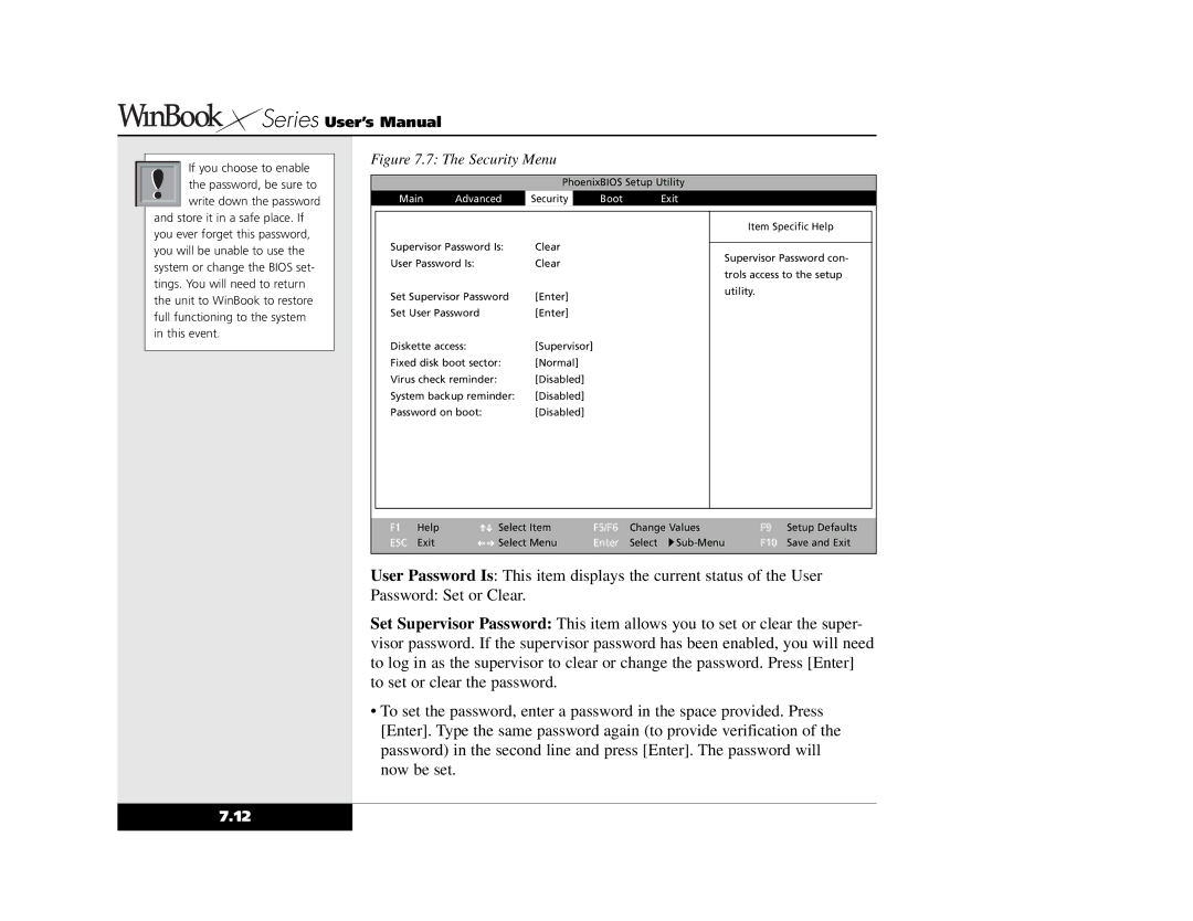 Winbook X2 manual Security Menu 