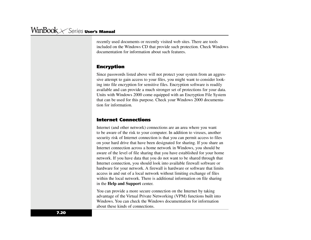 Winbook X2 manual Encryption, Internet Connections 