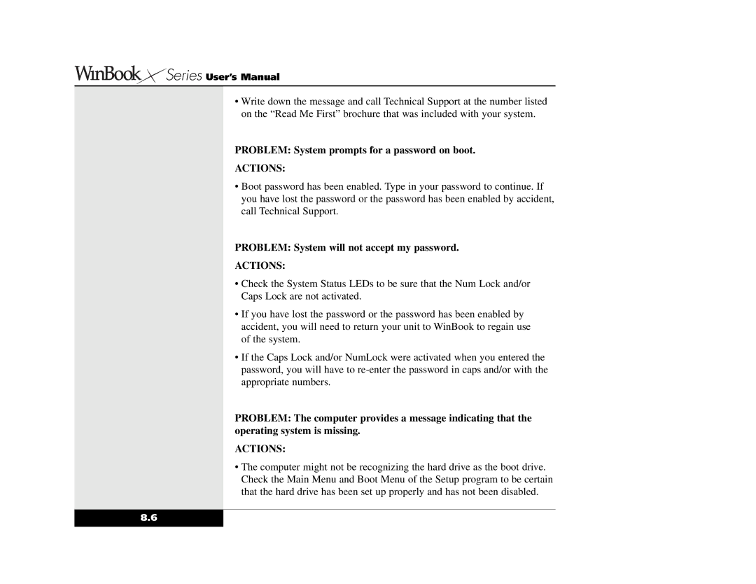 Winbook X2 manual Problem System prompts for a password on boot 