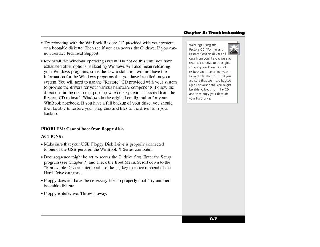 Winbook X2 manual Problem Cannot boot from floppy disk 