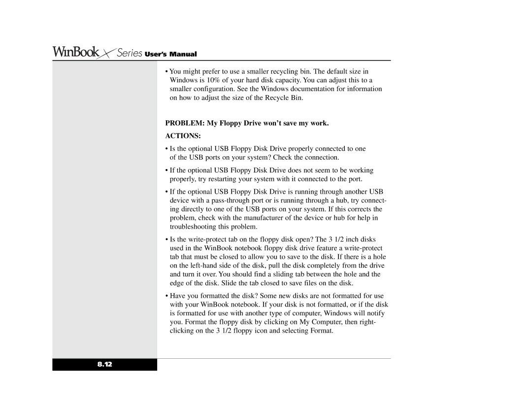 Winbook X2 manual Problem My Floppy Drive won’t save my work 