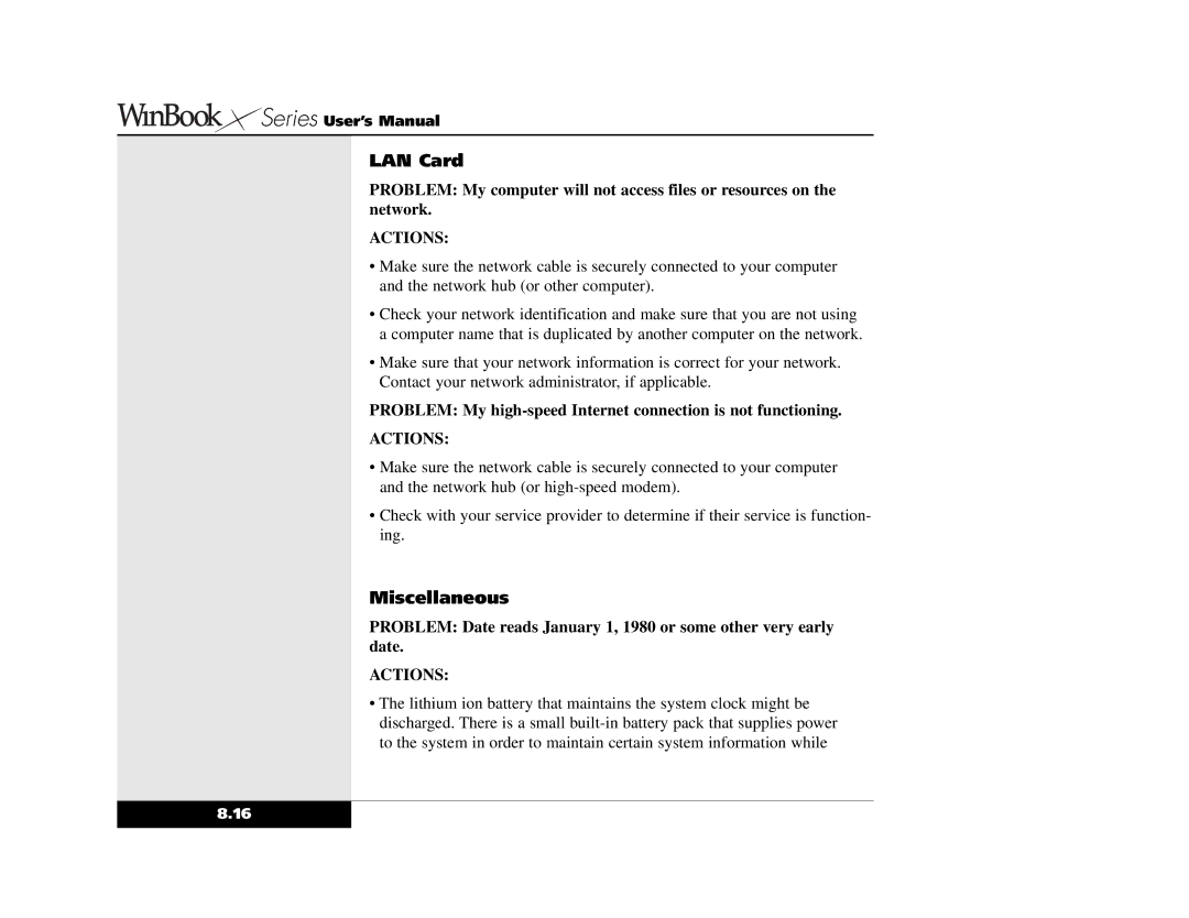 Winbook X2 manual LAN Card, Miscellaneous 