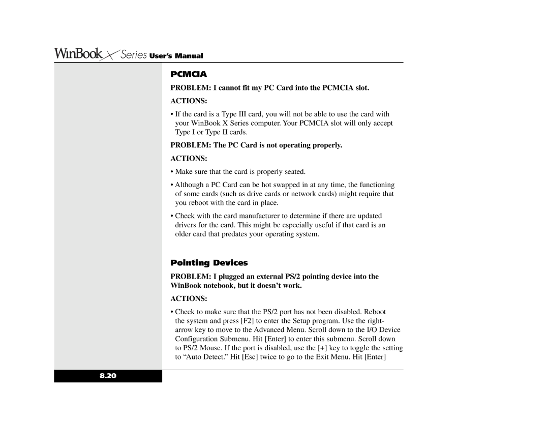 Winbook X2 manual Pcmcia, Pointing Devices 