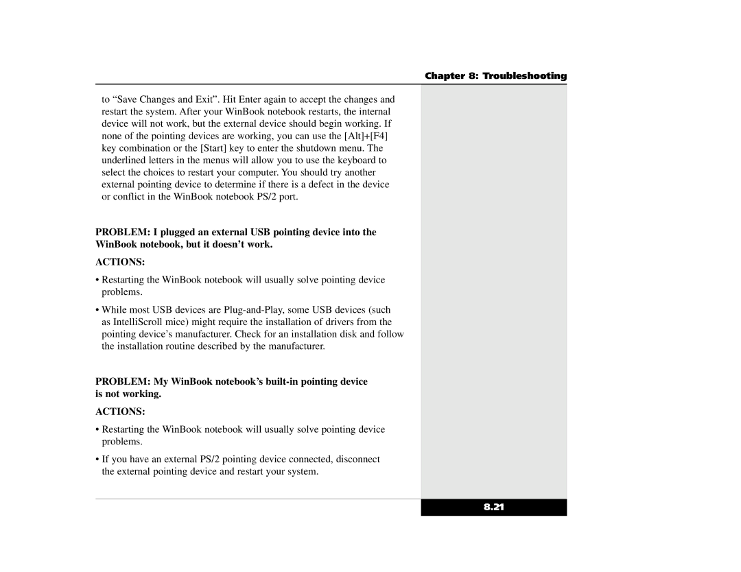 Winbook X2 manual Actions 