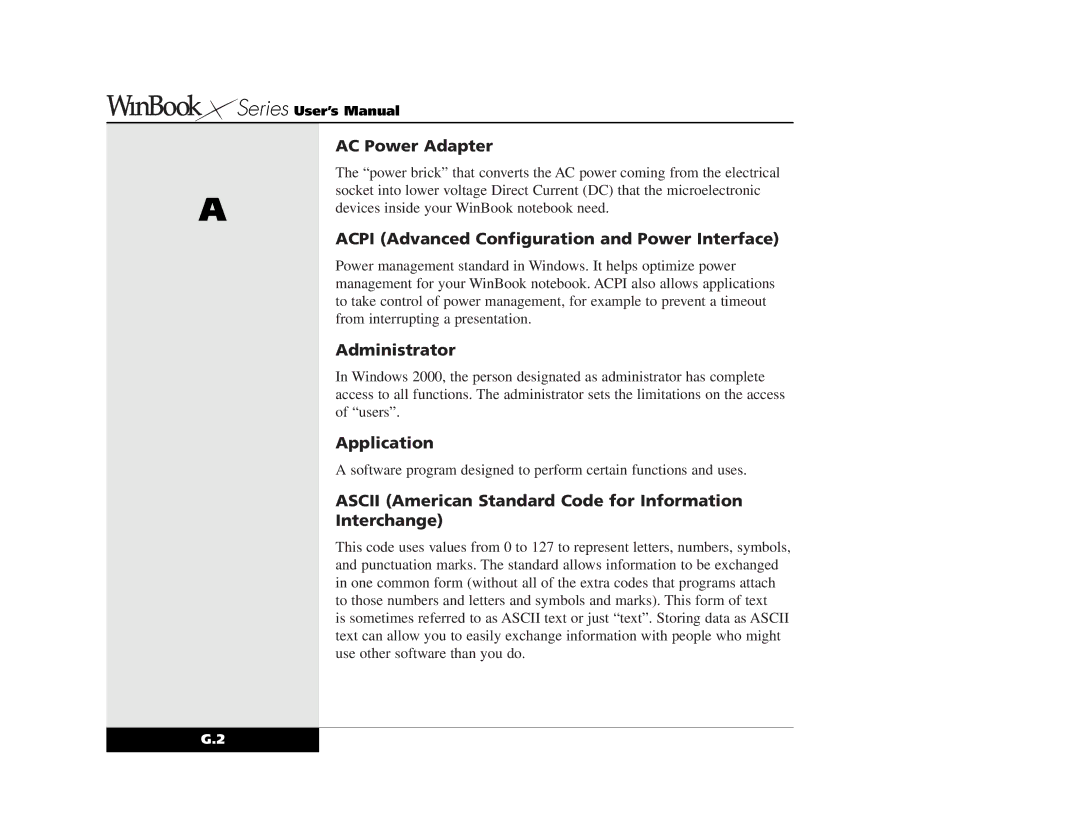 Winbook X2 manual AC Power Adapter, Acpi Advanced Configuration and Power Interface, Administrator, Application 