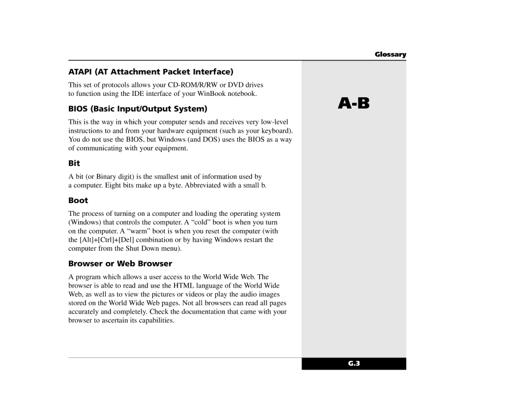 Winbook X2 manual Atapi AT Attachment Packet Interface, Bios Basic Input/Output System, Bit, Boot, Browser or Web Browser 