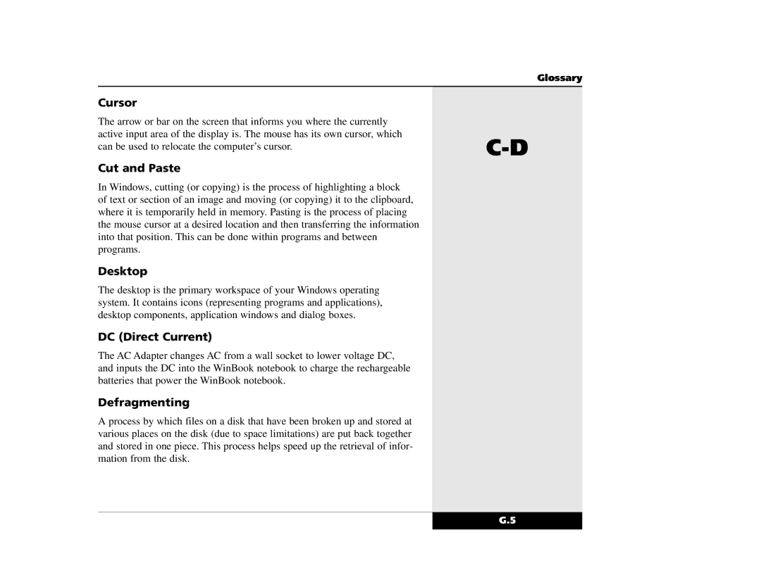 Winbook X2 manual Cursor, Cut and Paste, Desktop, DC Direct Current, Defragmenting 