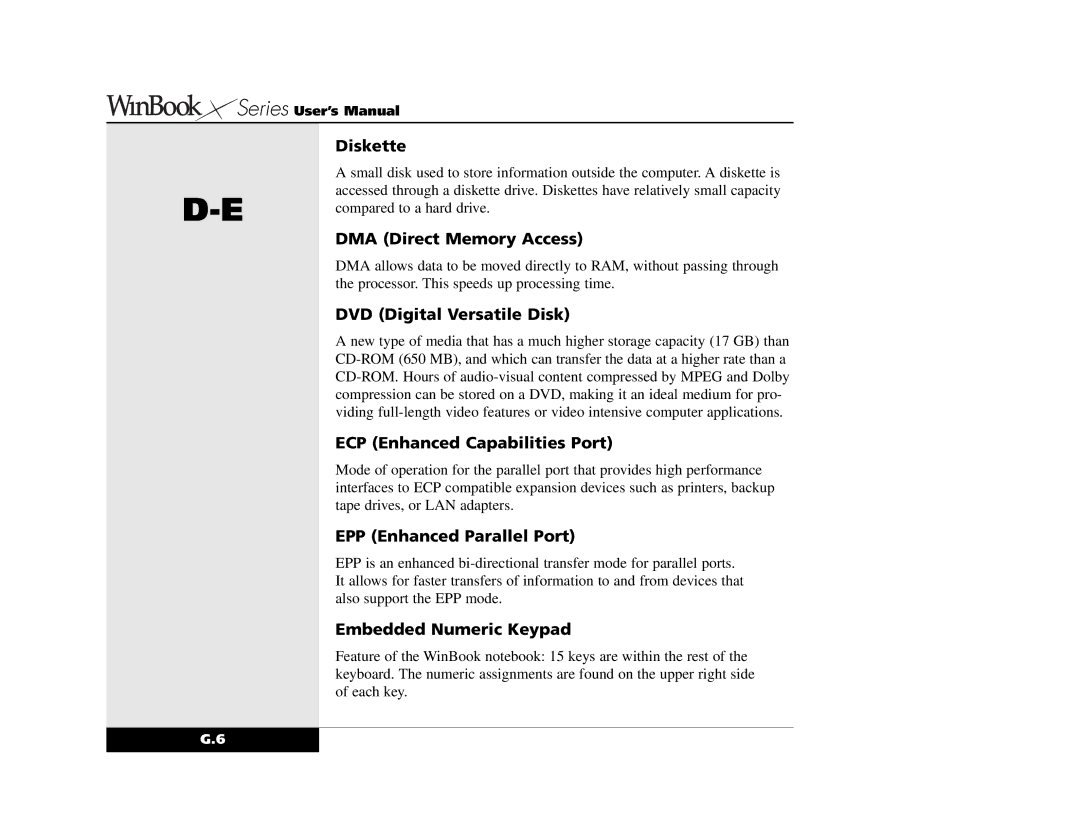 Winbook X2 manual Diskette, DMA Direct Memory Access, DVD Digital Versatile Disk, ECP Enhanced Capabilities Port 