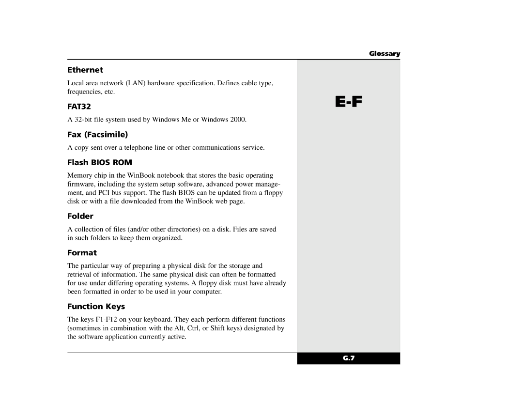 Winbook X2 manual Ethernet, Fax Facsimile, Flash Bios ROM, Folder, Format, Function Keys 