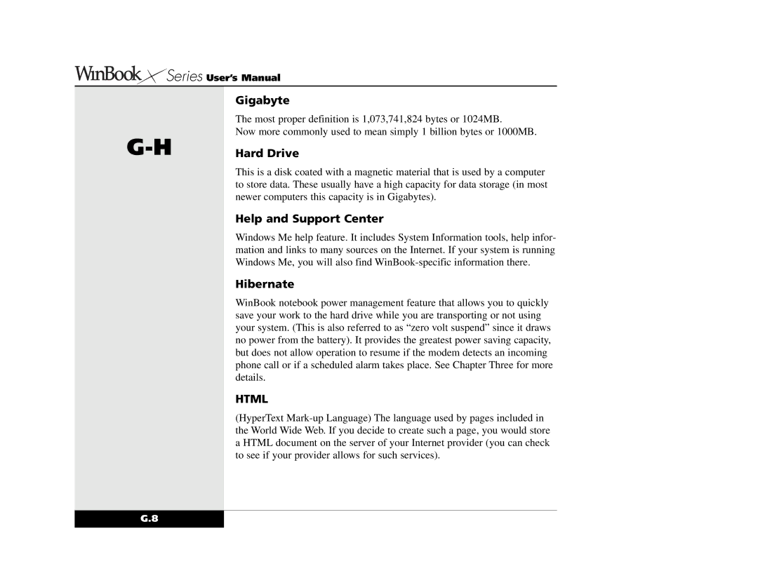 Winbook X2 manual Gigabyte, Hard Drive, Help and Support Center, Hibernate 