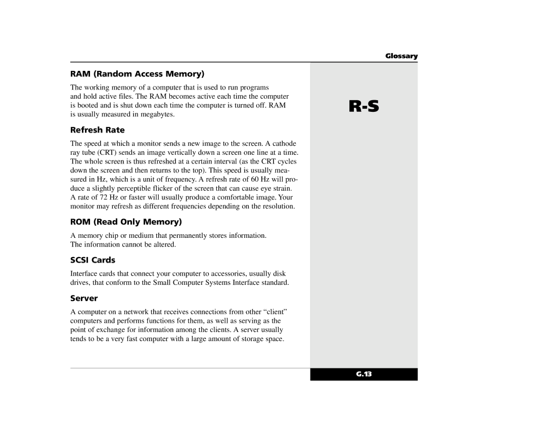 Winbook X2 manual RAM Random Access Memory, Refresh Rate, ROM Read Only Memory, Scsi Cards, Server 