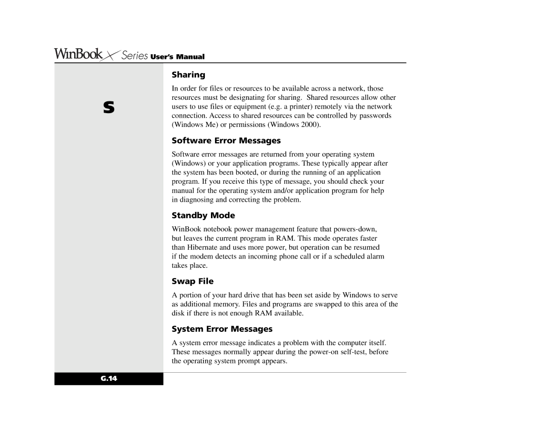 Winbook X2 manual Sharing, Software Error Messages, Standby Mode, Swap File, System Error Messages 