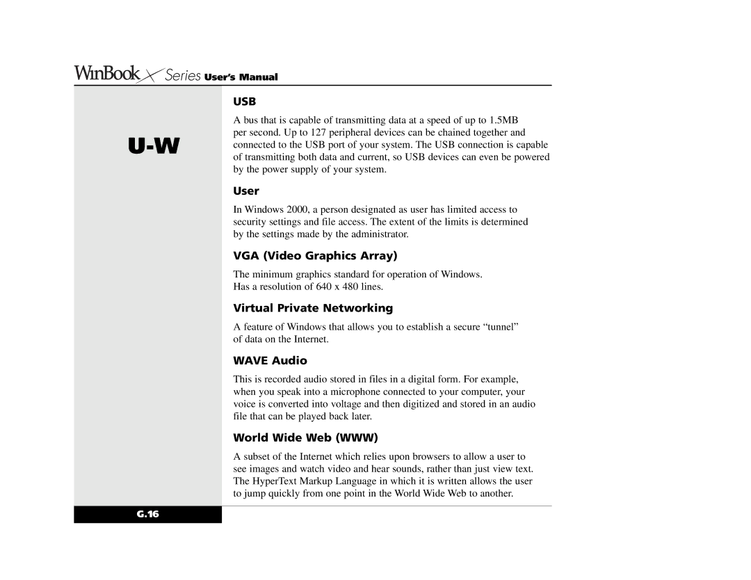 Winbook X2 manual User, VGA Video Graphics Array, Virtual Private Networking, Wave Audio, World Wide Web WWW 