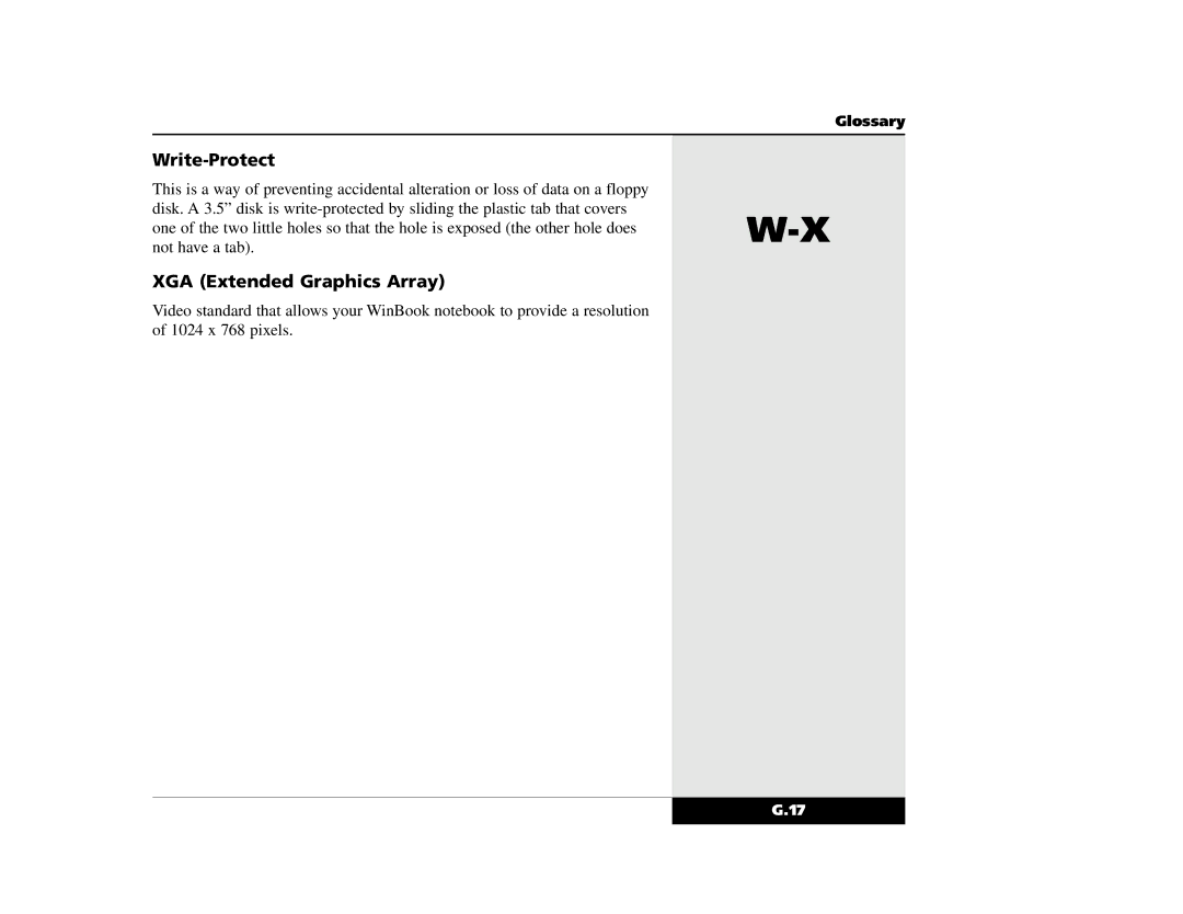 Winbook X2 manual Write-Protect, XGA Extended Graphics Array 