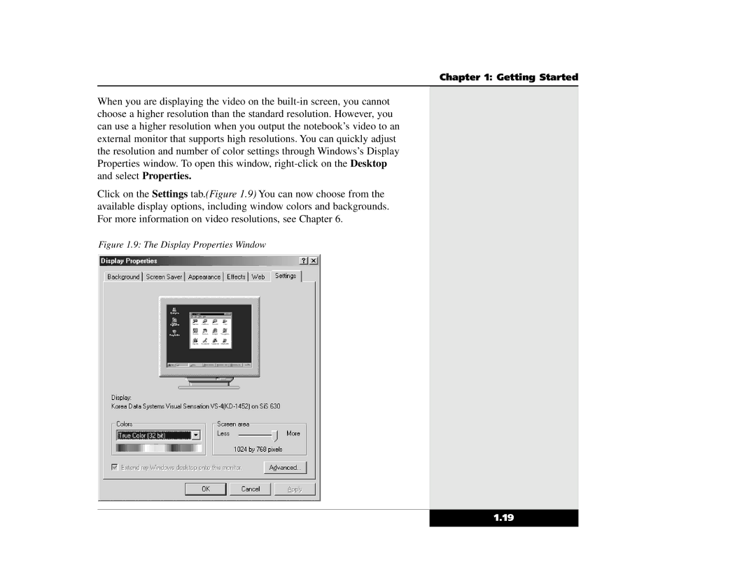 Winbook X2 manual Display Properties Window 