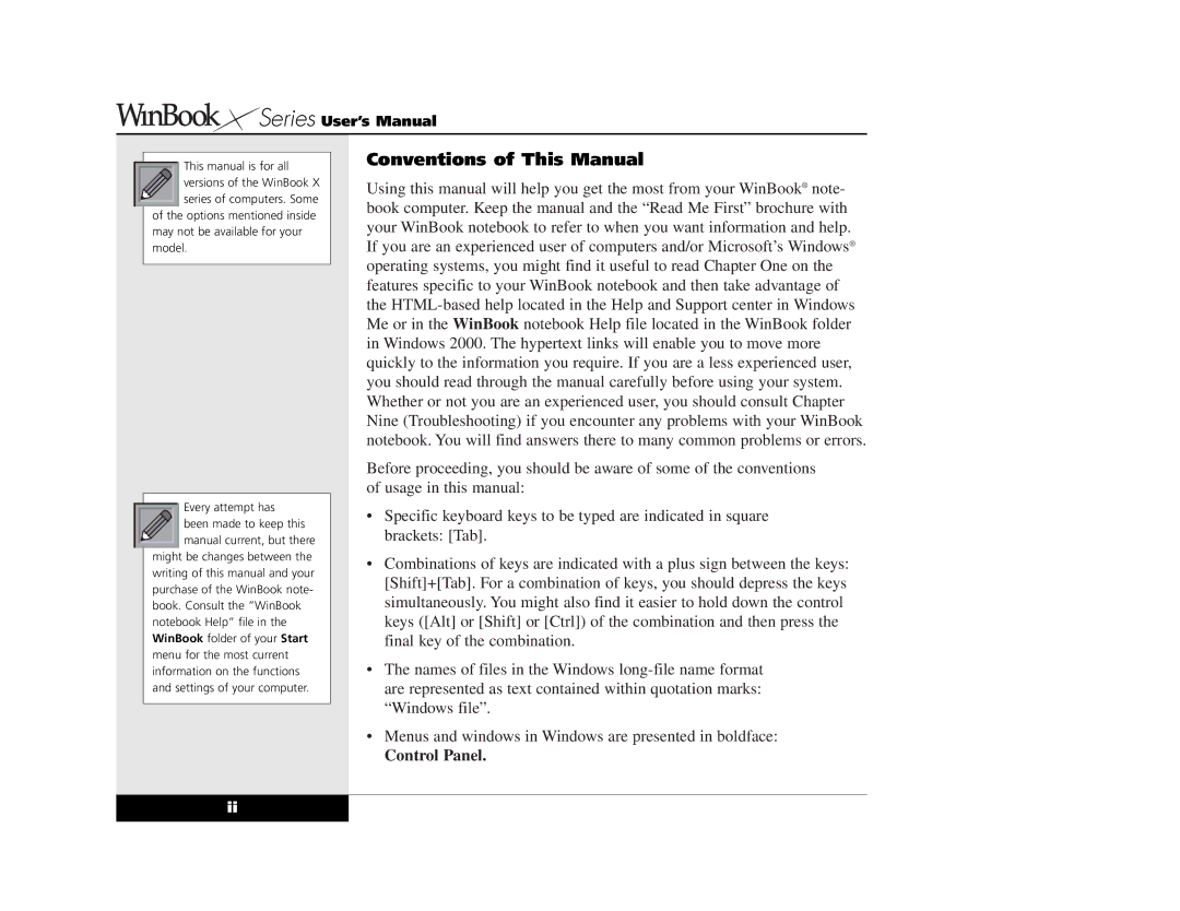 Winbook X2 manual Conventions of This Manual, Control Panel 