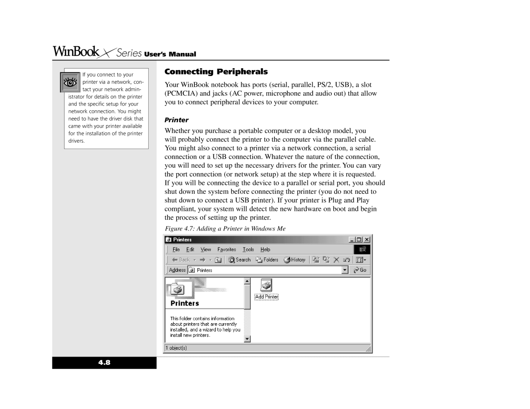 Winbook X2 manual Connecting Peripherals, Adding a Printer in Windows Me 