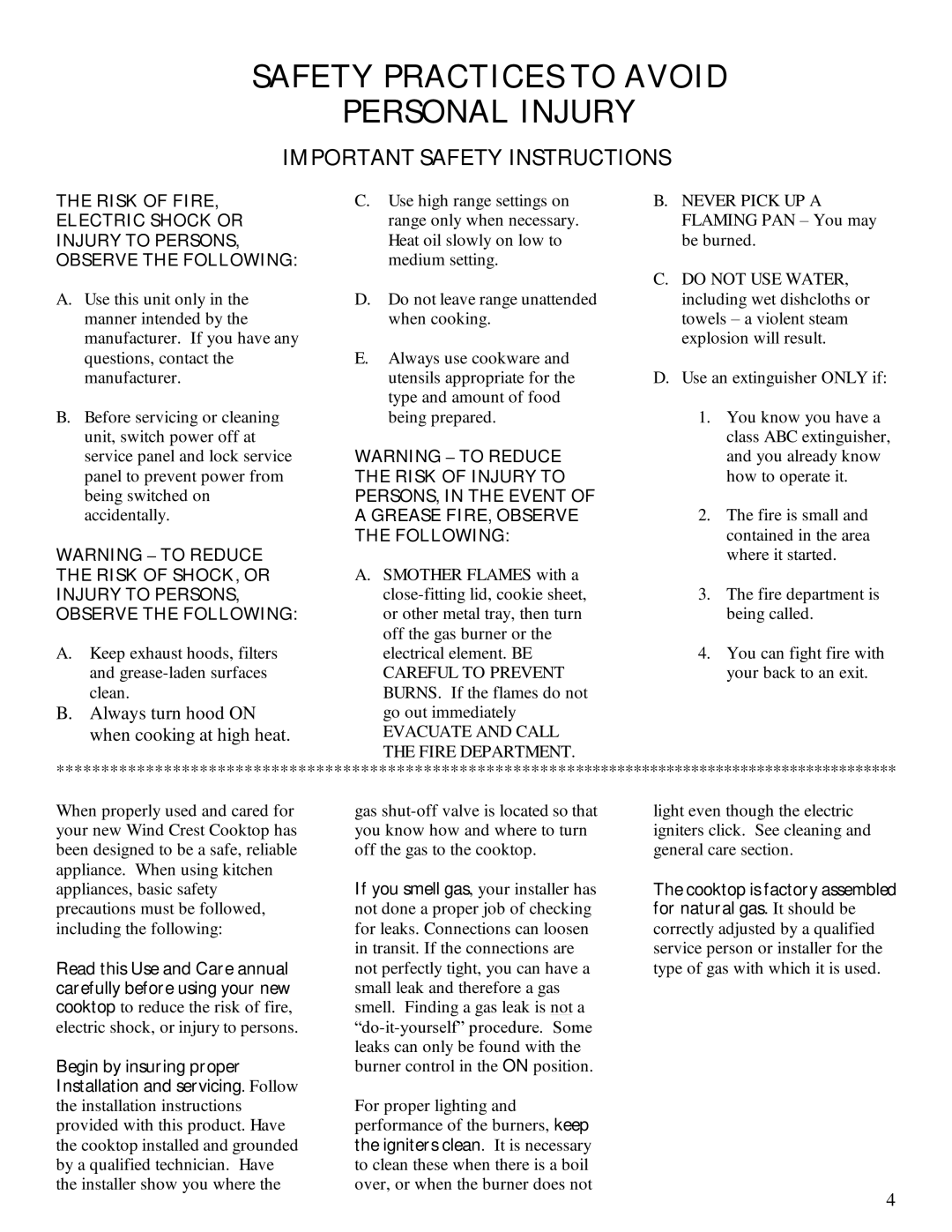 Wind Crest CTG304D, CTG365D, CTG305D owner manual Safety Practices to Avoid Personal Injury 