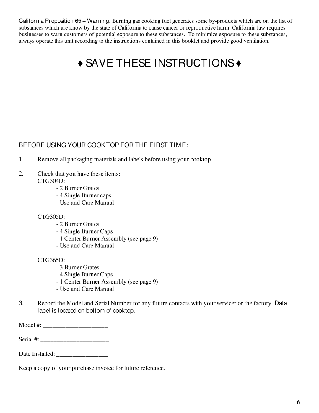 Wind Crest CTG365D, CTG304D, CTG305D owner manual Before Using Your Cooktop for the First Time 