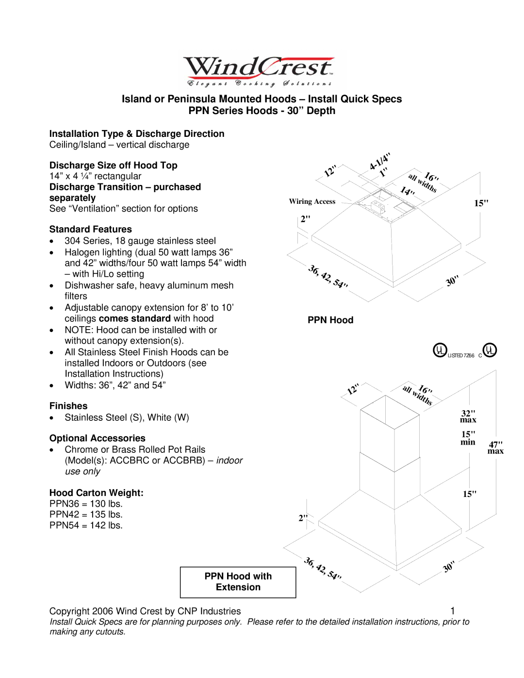 Wind Crest PPN installation instructions Installation Type & Discharge Direction, Discharge Size off Hood Top, Finishes 