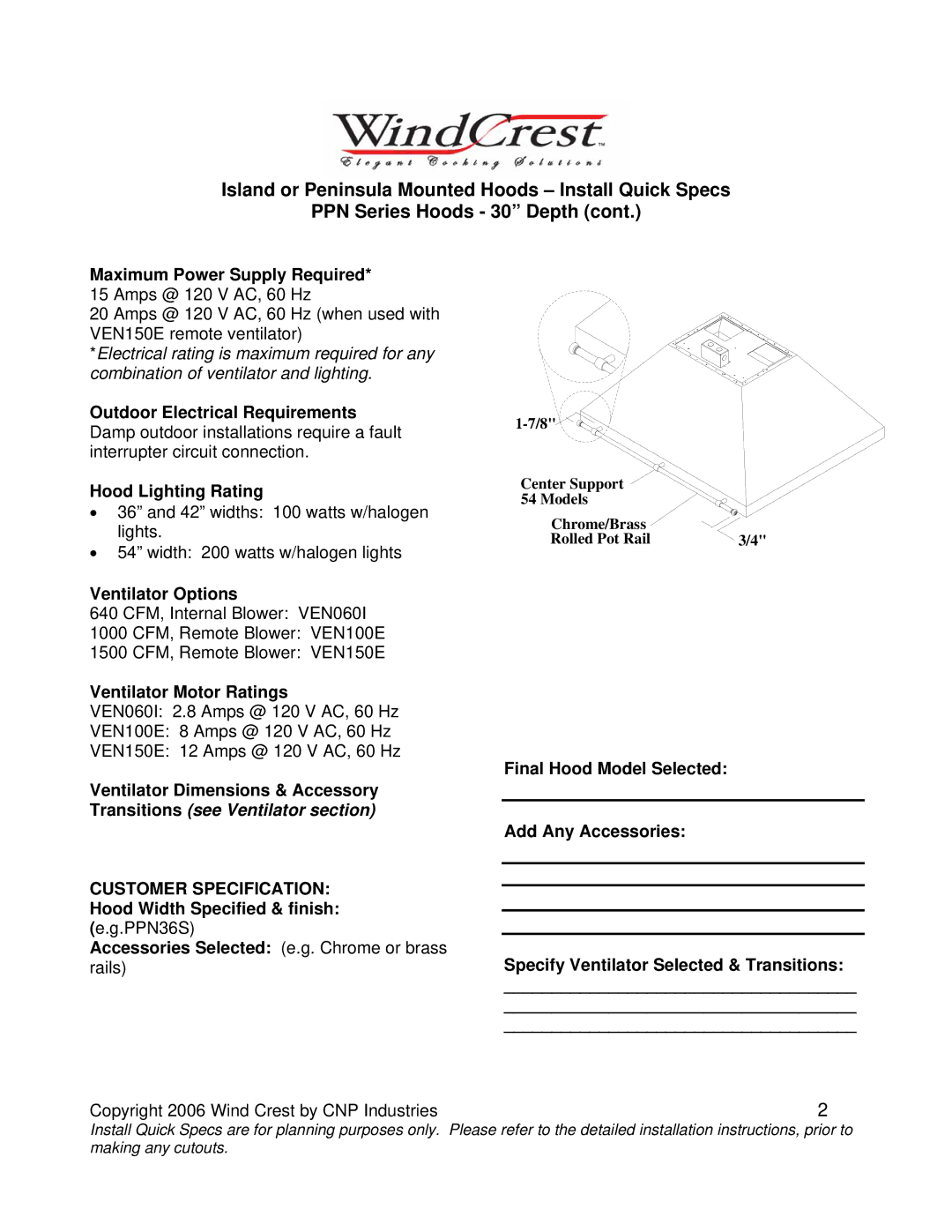 Wind Crest PPN Maximum Power Supply Required, Outdoor Electrical Requirements, Hood Lighting Rating, Ventilator Options 