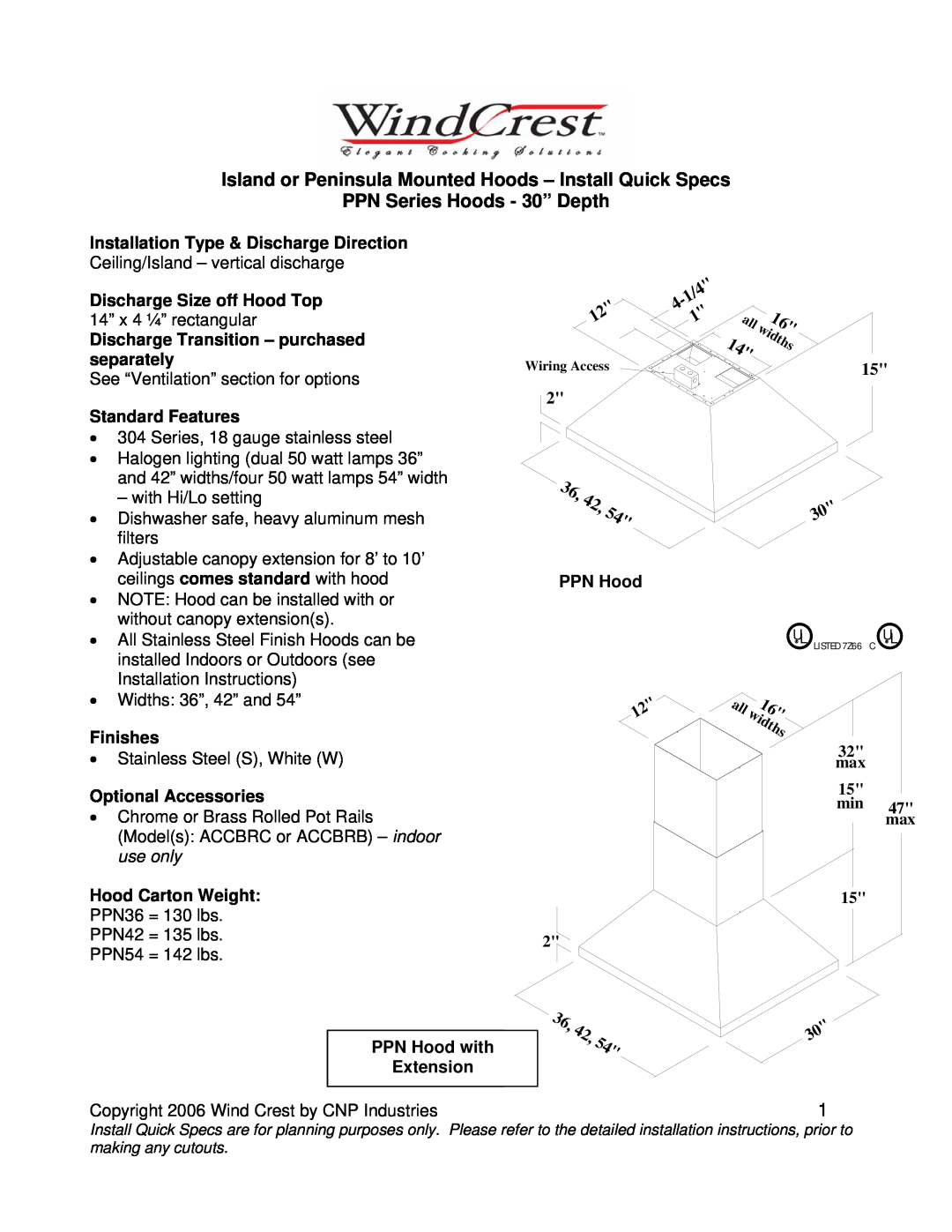 Wind Crest PPN installation instructions Island or Peninsula Mounted Hoods - Install Quick Specs, Standard Features 