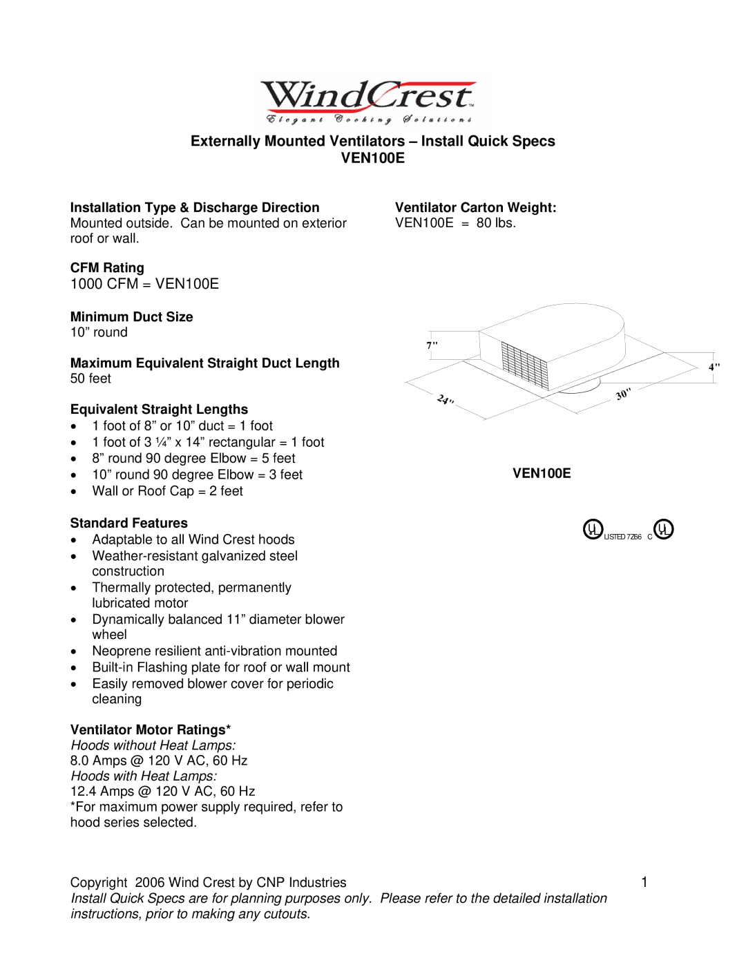 Wind Crest installation instructions CFM = VEN100E 