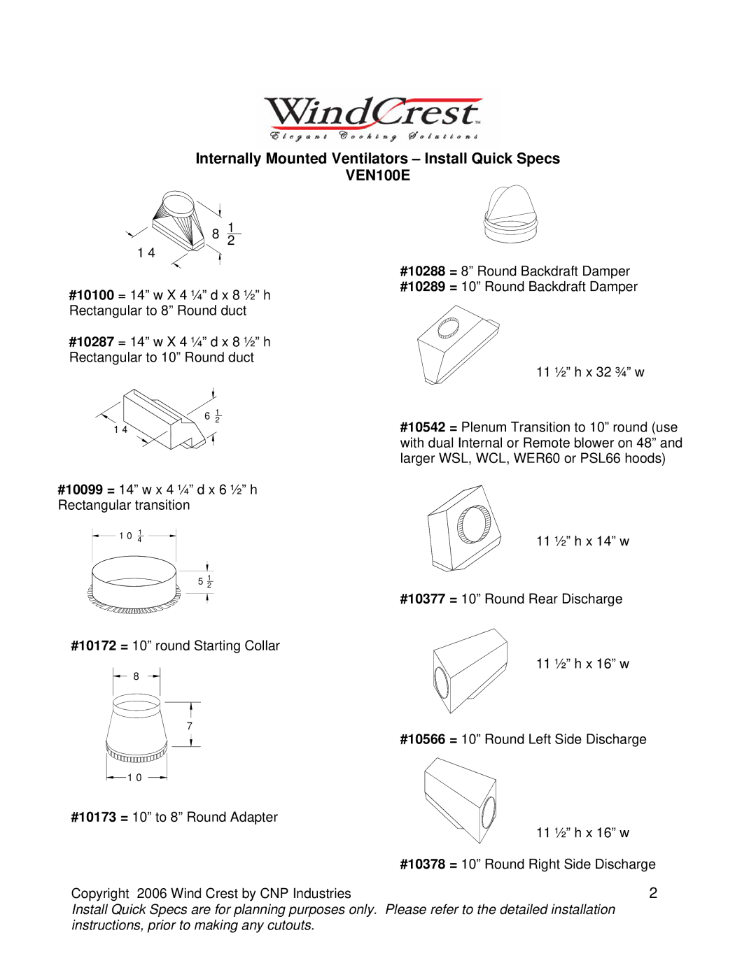 Wind Crest VEN100E installation instructions Internally Mounted Ventilators Install Quick Specs 