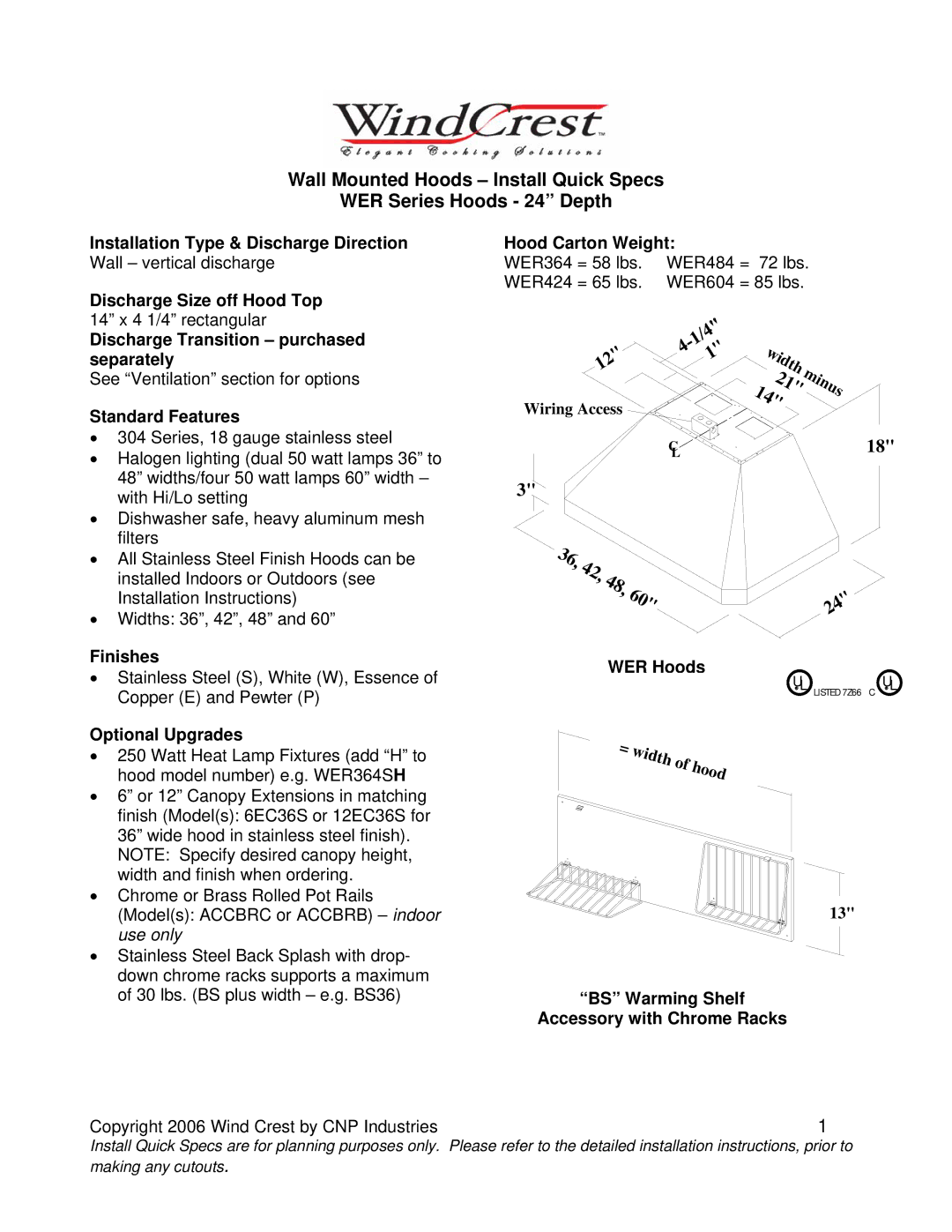 Wind Crest WER364SH installation instructions = width of hood 