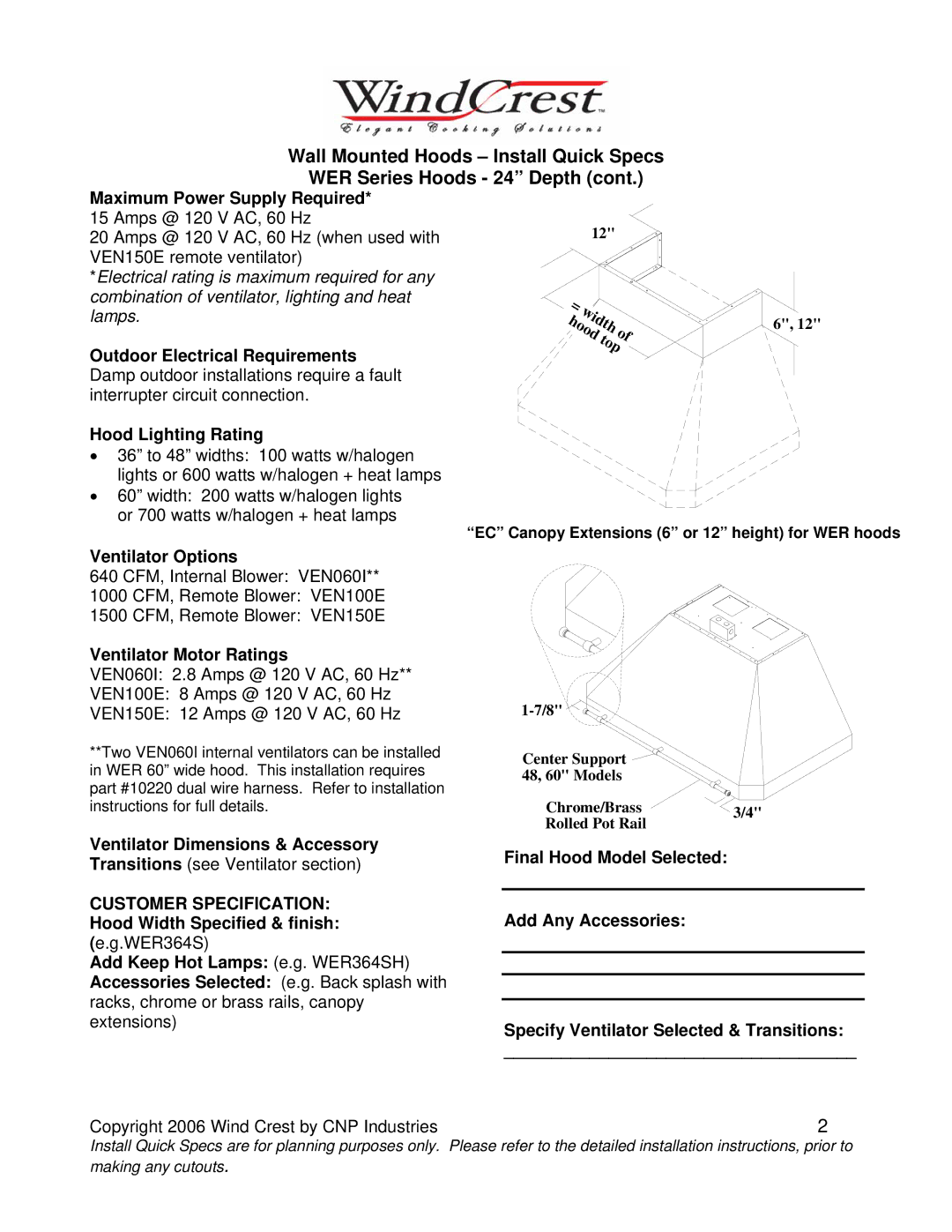 Wind Crest WER364SH Outdoor Electrical Requirements, Hood Lighting Rating, Ventilator Options, Ventilator Motor Ratings 