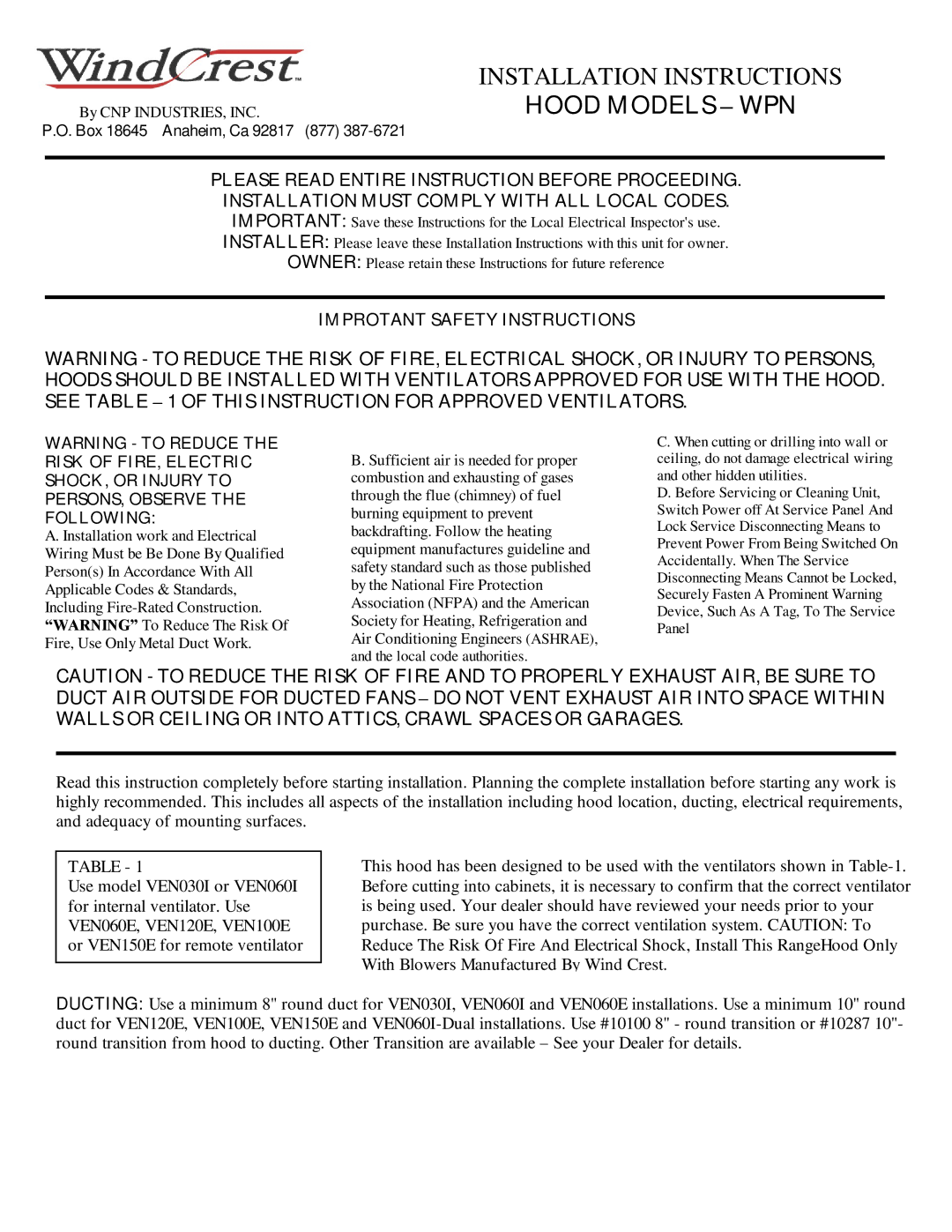 Wind Crest installation instructions Hood Models WPN 