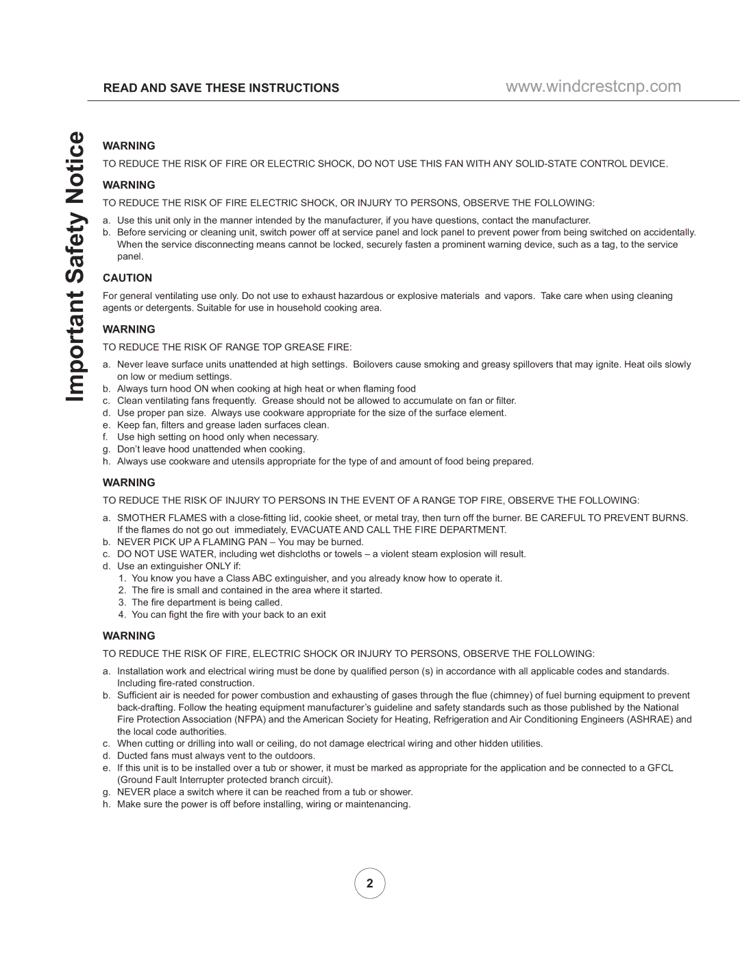 Wind Crest WSB362S, WCB302S, WSB302S, WCB362S manual Important Safety Notice 