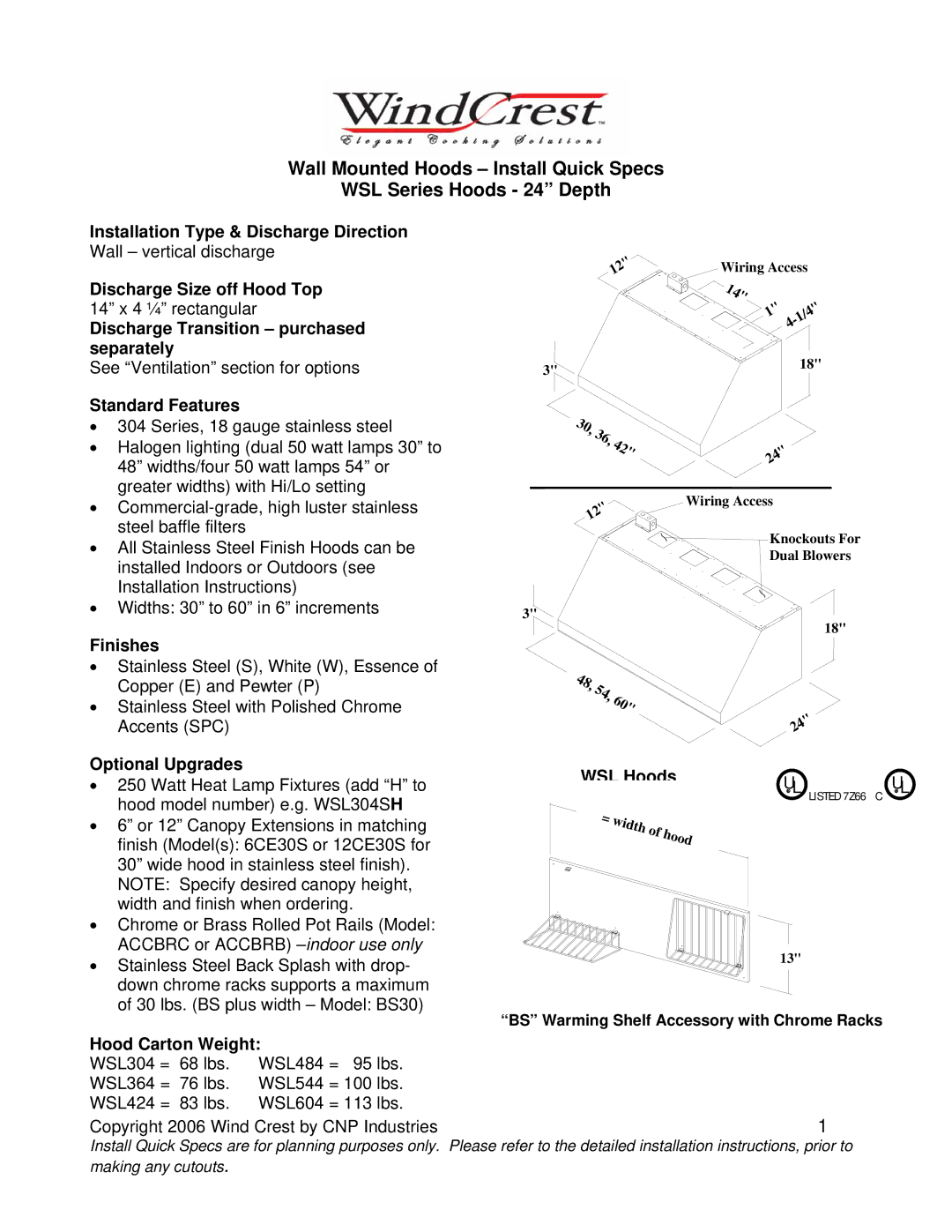 Wind Crest WSL-304 installation instructions Installation Type & Discharge Direction, Discharge Size off Hood Top 