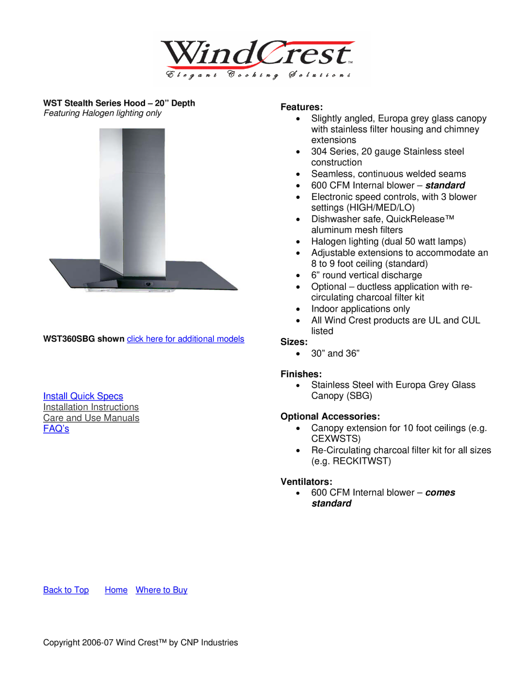 Wind Crest WST360SBG installation instructions Features, Sizes Finishes, Optional Accessories, Ventilators 