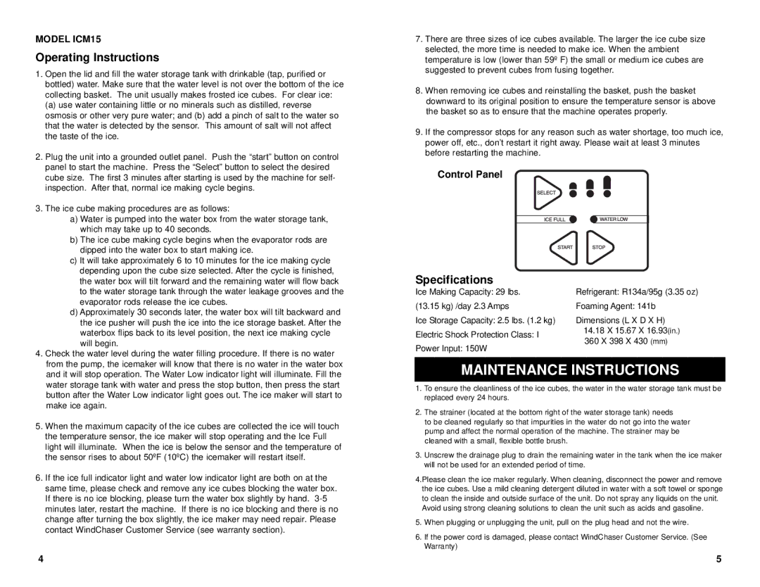 WindChaser ICM15 manual Maintenance Instructions, Specifications 