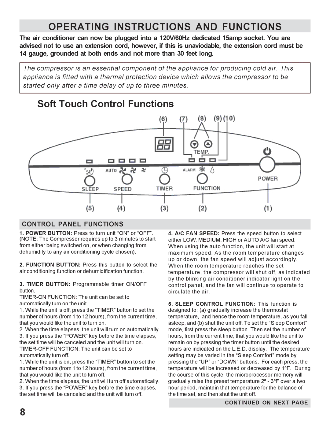 WindChaser Products PACR12 instruction manual Operating Instructions and Functions, Soft Touch Control Functions 