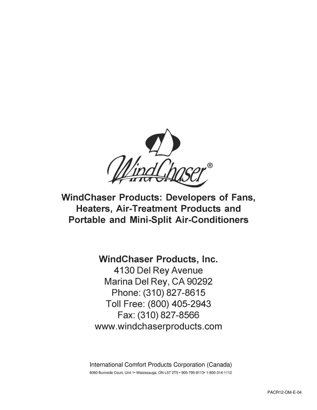 WindChaser Products PACR12 instruction manual International Comfort Products Corporation Canada 