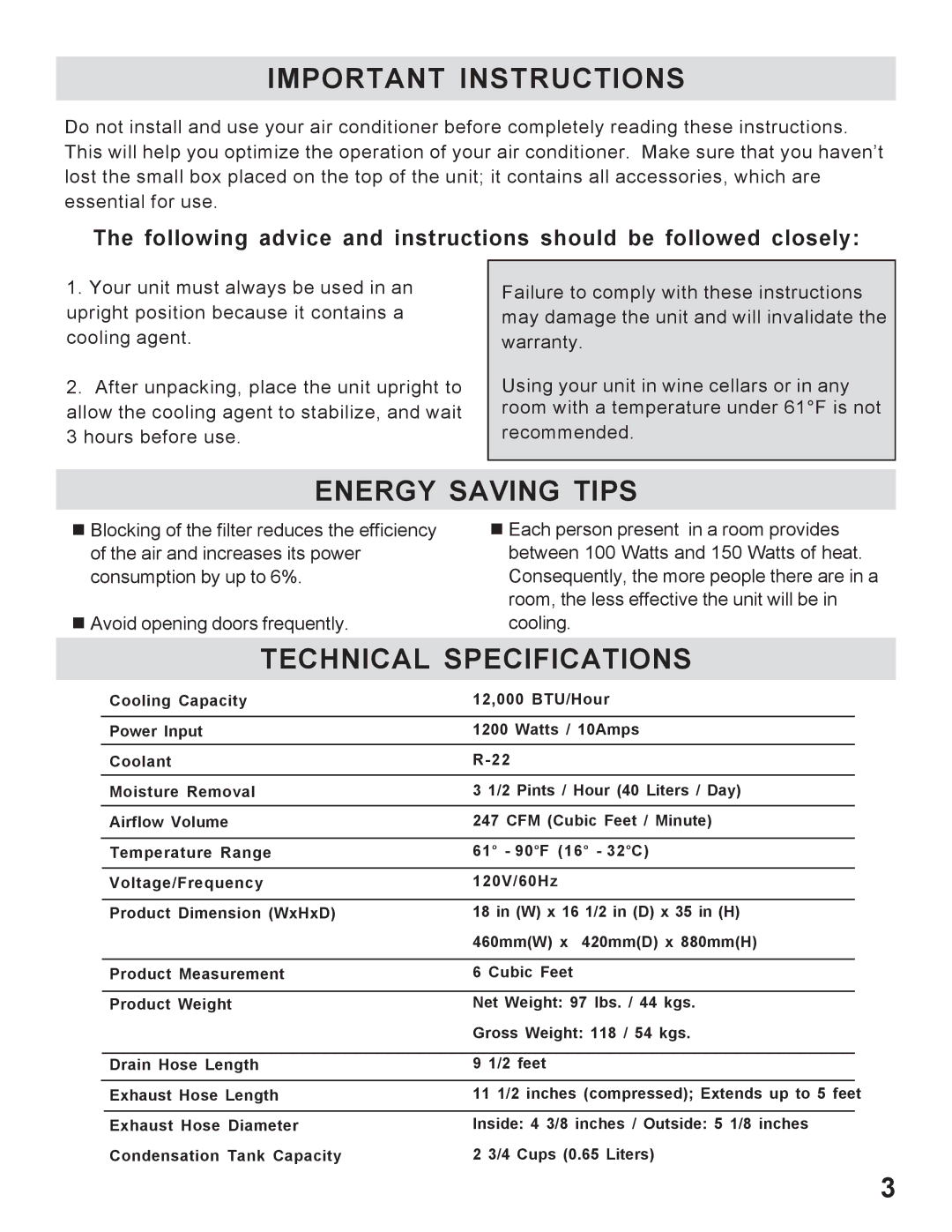 WindChaser Products PACR12 instruction manual Important Instructions, Energy Saving Tips, Technical Specifications 