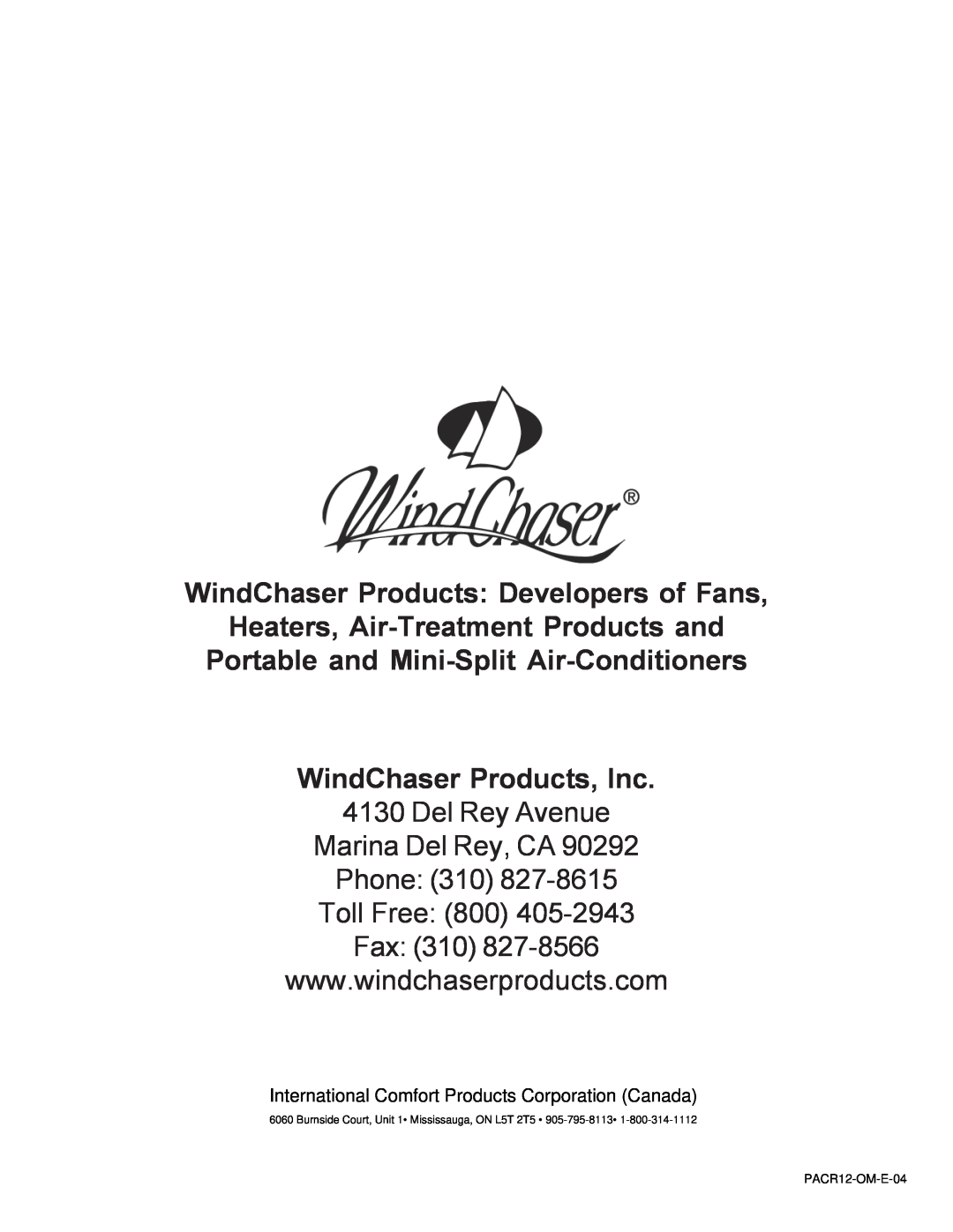 WindChaser Products PACR12 WindChaser Products Developers of Fans, Heaters, Air-TreatmentProducts and, Toll Free 800 Fax 