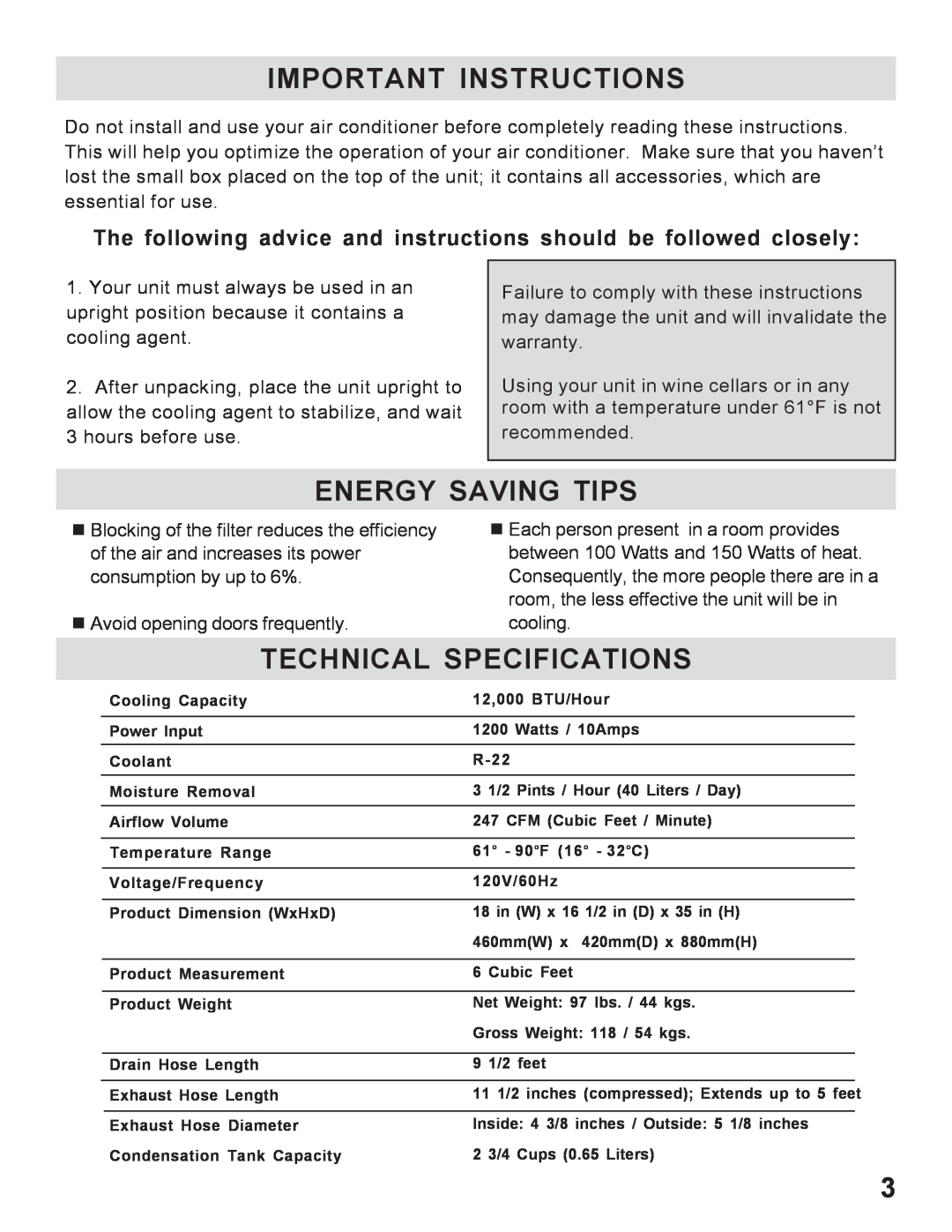 WindChaser Products PACR12 Important Instructions, Energy Saving Tips, Technical Specifications, consumption by up to 6% 
